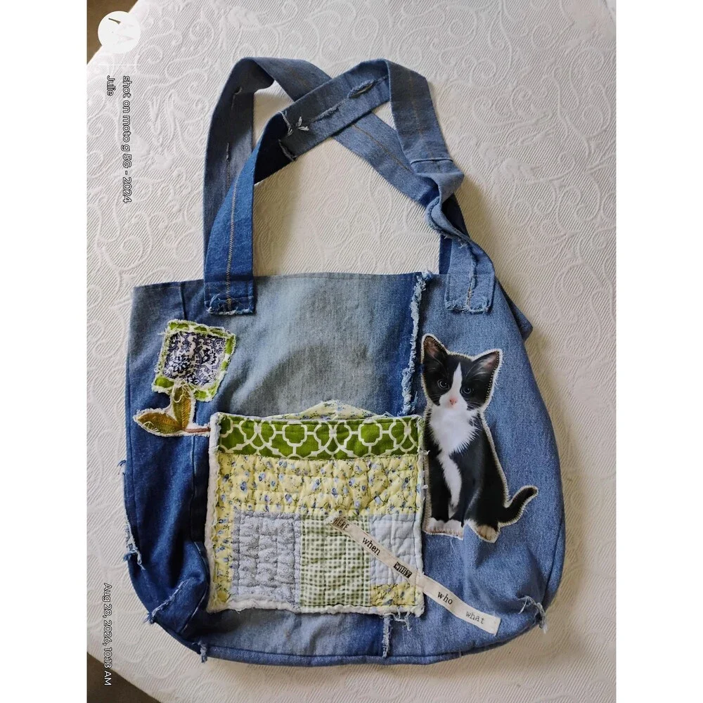Denim Oversized Tote Bag Patchwork Applique Shoulder Bag Reclaimed Boho Artisana